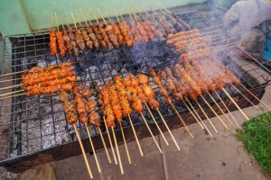 Touk Tik beef tendon skewer and grilled pork