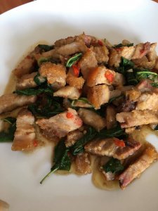 Crispy pork stir fried with Holy Basil