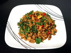 Stir fried spicy pork with holy basil